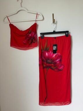 Viral thirty thirty Red Floral Two-Piece tube top and Skirt Set